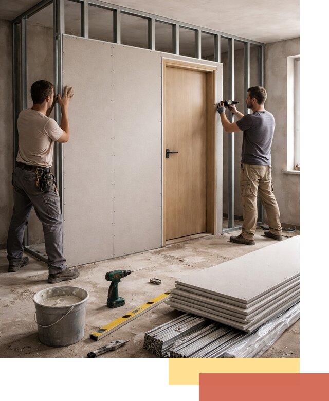 Перегородка из гипсокартона с дверью под ключ в Реутове