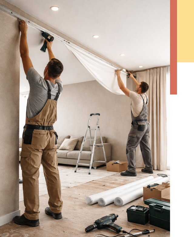 Монтаж натяжного потолка в гостиной в Реутове от 572 руб. | ОТДЕЛОЧНИК-Ртв